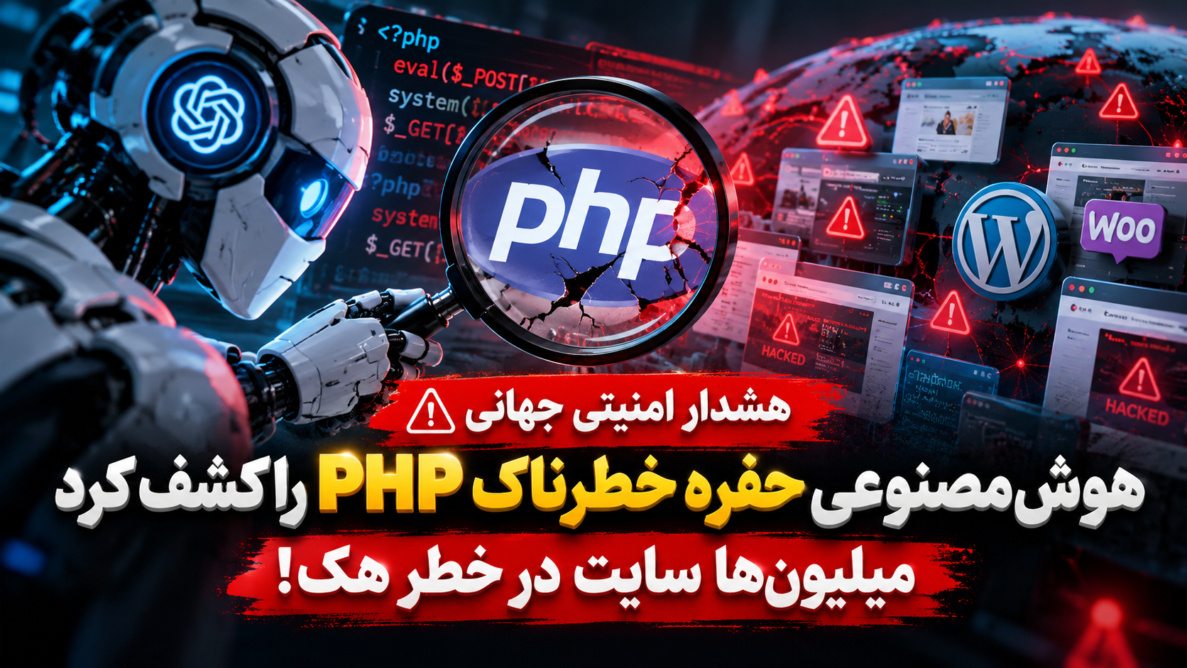 تصویر مفهومی کشف حفره امنیتی PHP با هوش مصنوعی و خطر نفوذ به سایت‌های وردپرسی